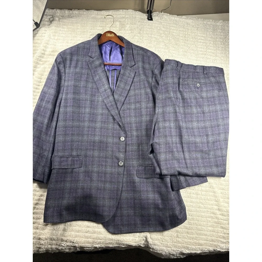 J Hilburn Custom Wool Suit 52R Coat 46x28 Pants Navy Purple Plaid Reda 1865